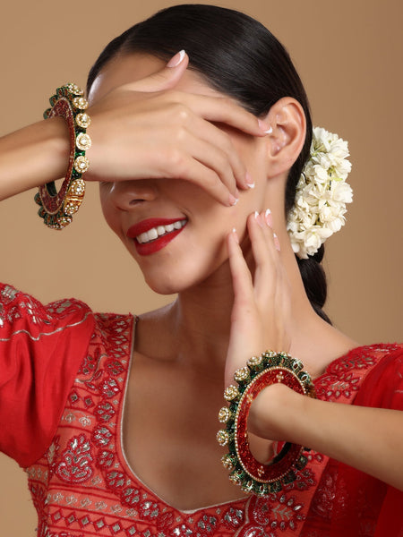 Meenakari Handcrafted Heavy Bangles (set of 2) - Ruby Raang