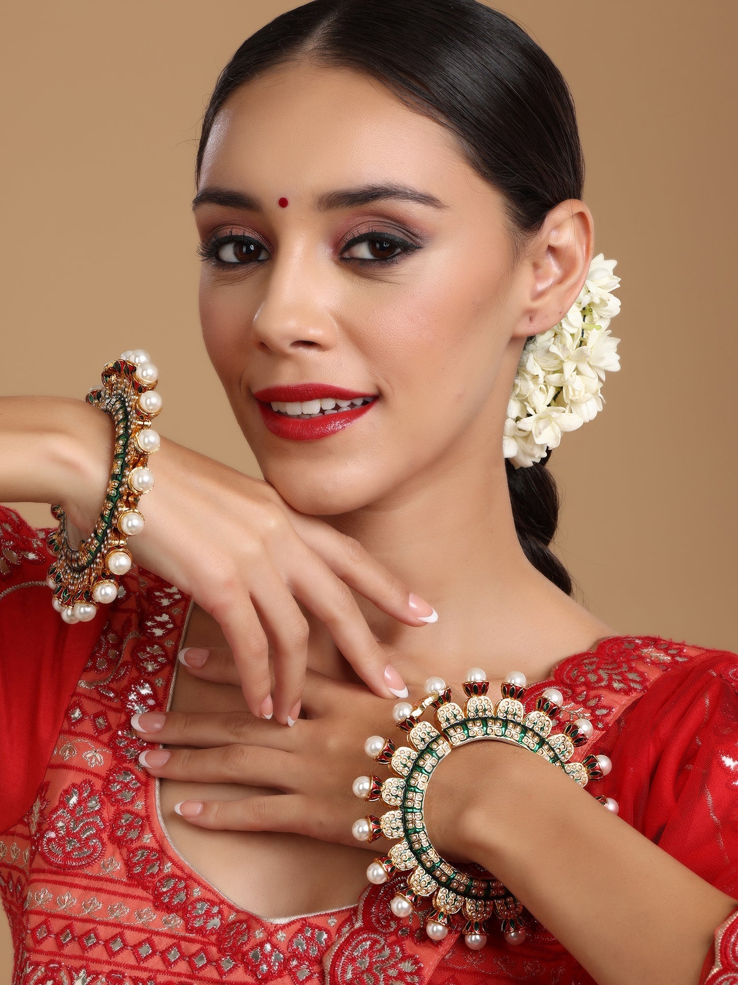 Oversized Pearl Meenakari Handcrafted Heavy Bangles (set of 2) - Ruby Raang - Distacart