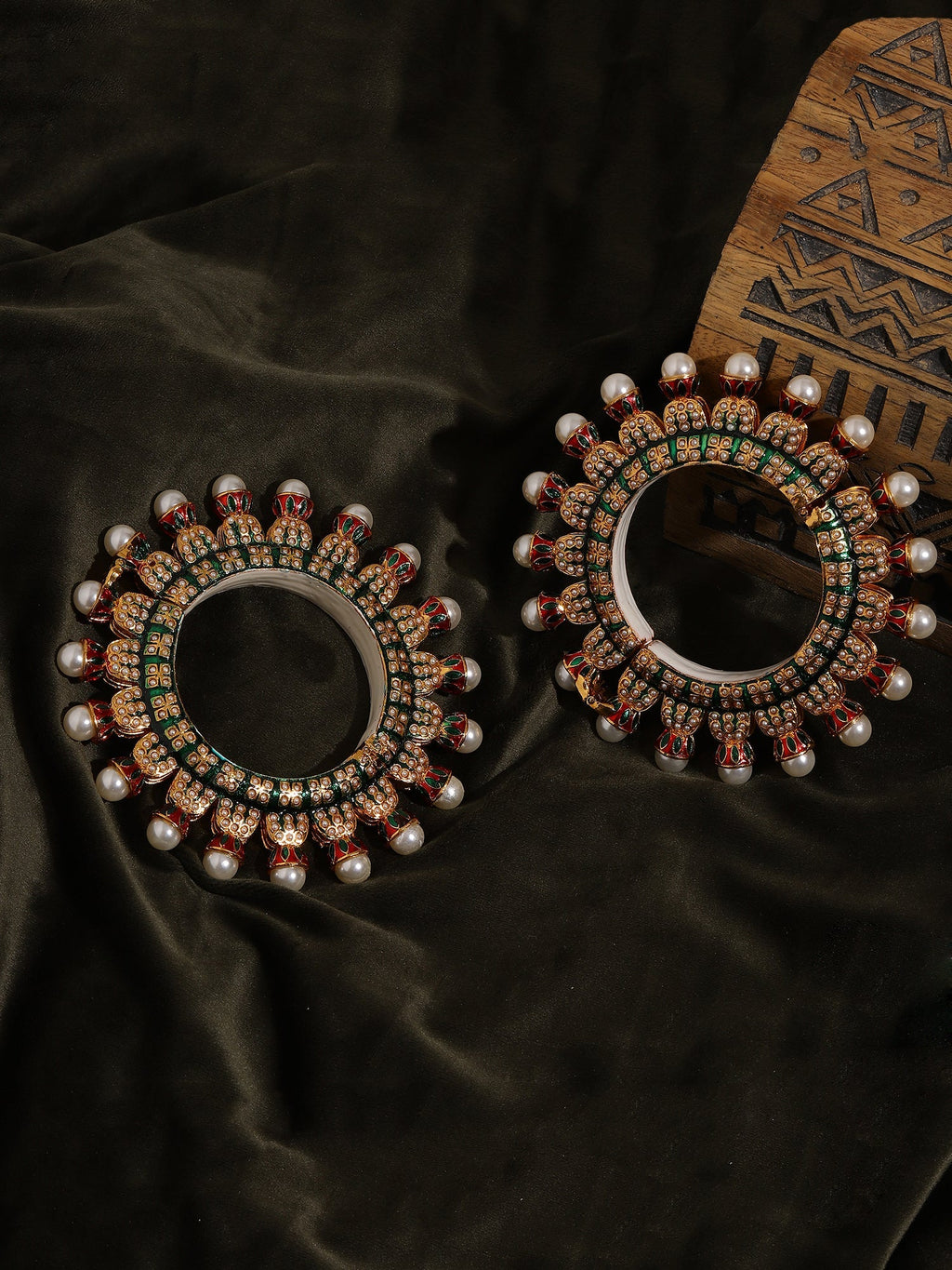 Oversized Pearl Meenakari Handcrafted Heavy Bangles (set of 2) - Ruby Raang - Distacart