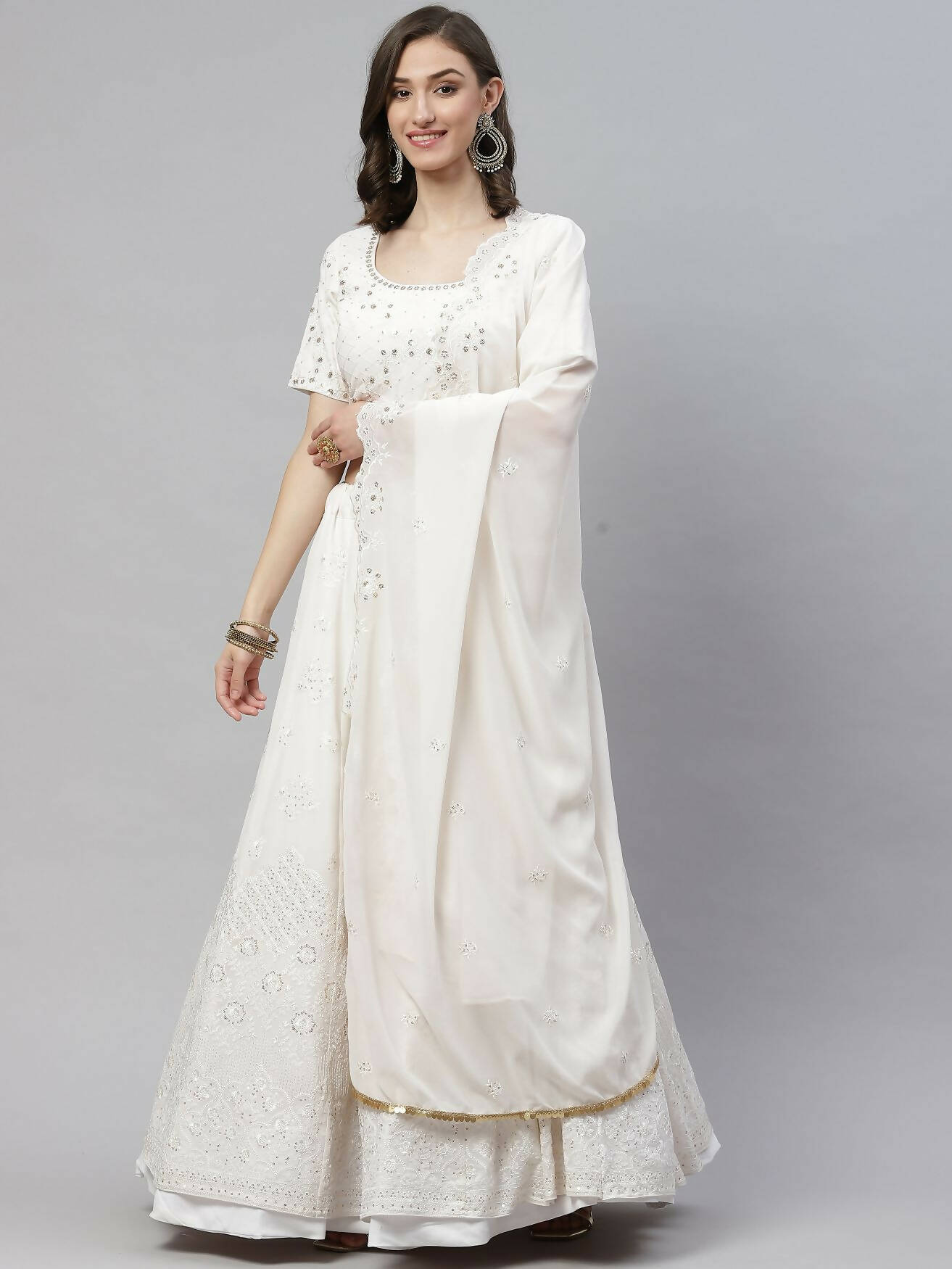 White Georgette Thread with Sequins Embroidered work Lehenga Choli with Dupatta - Jivika
