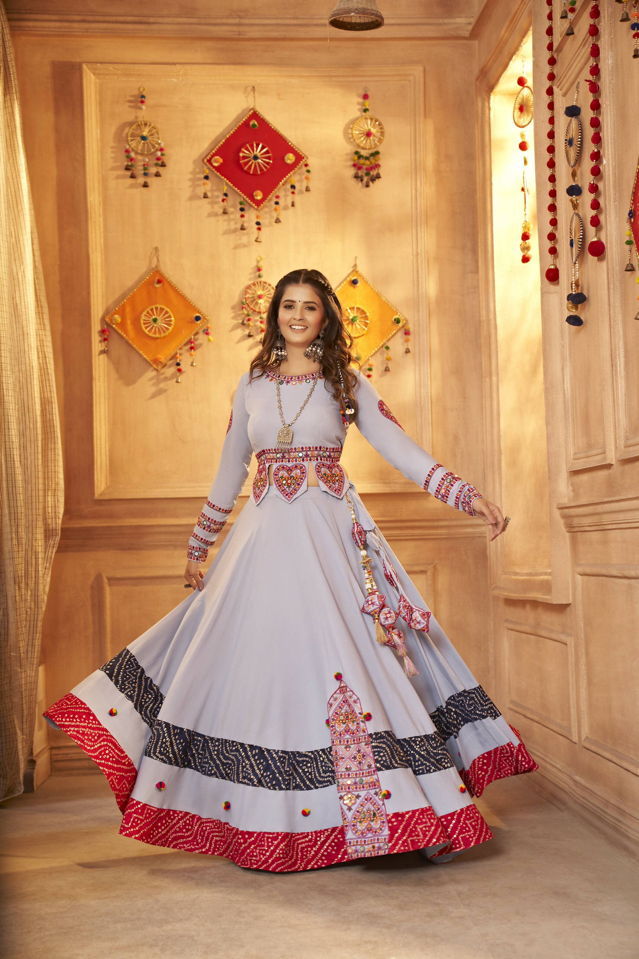 Sky Viscose Rayon Thread Embroidered Work And Print With Mirror All Over Navratri Lehenga Choli - Raas