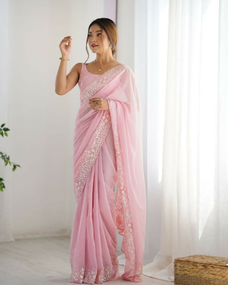 Georgette Designer Sequance Embroidery Work Party Wear Saree - Pink