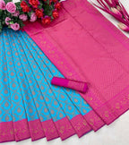 DEIANA'S Beautiful Designer Golden zari Soft Lichi Silk Saree - Blue