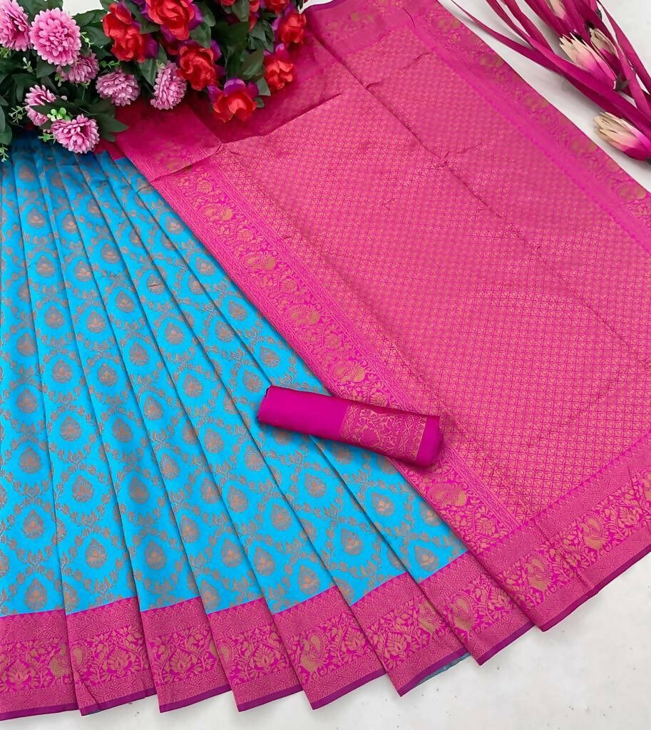DEIANA'S Beautiful Designer Golden zari Soft Lichi Silk Saree - Blue
