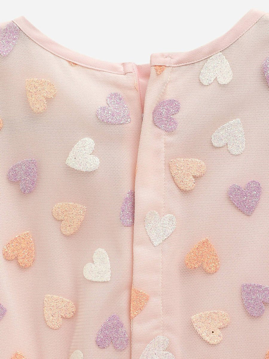 Ahalyaa Pink Net Glitter Print kids Dress For Girls