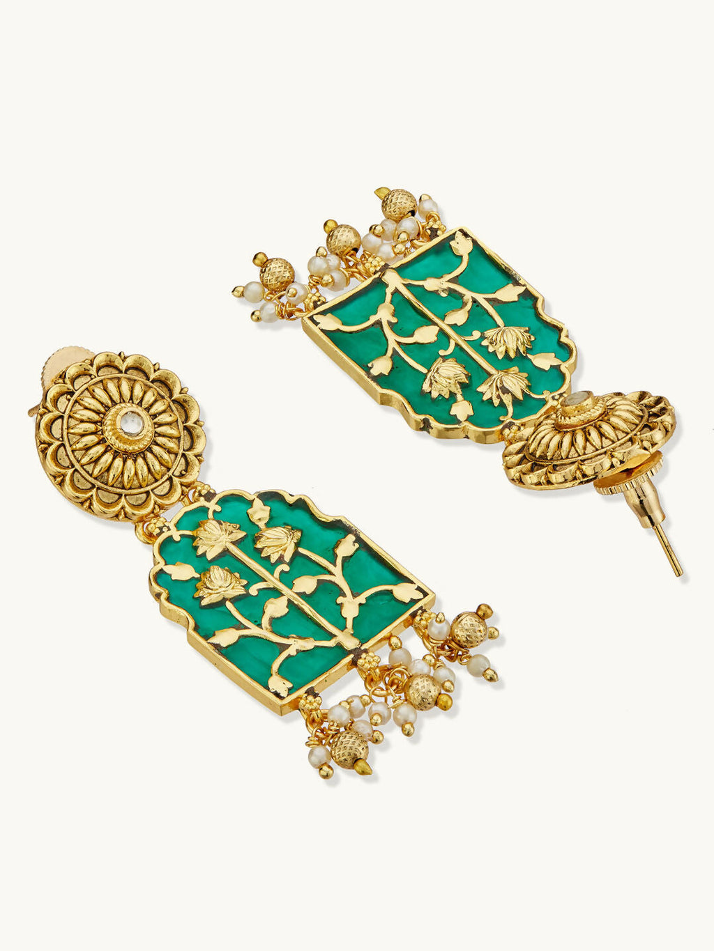 Nuyug 22K Gold-Plated Pearl Beaded Strings Green Enamel Pendant with Floral Motifs Necklace Set