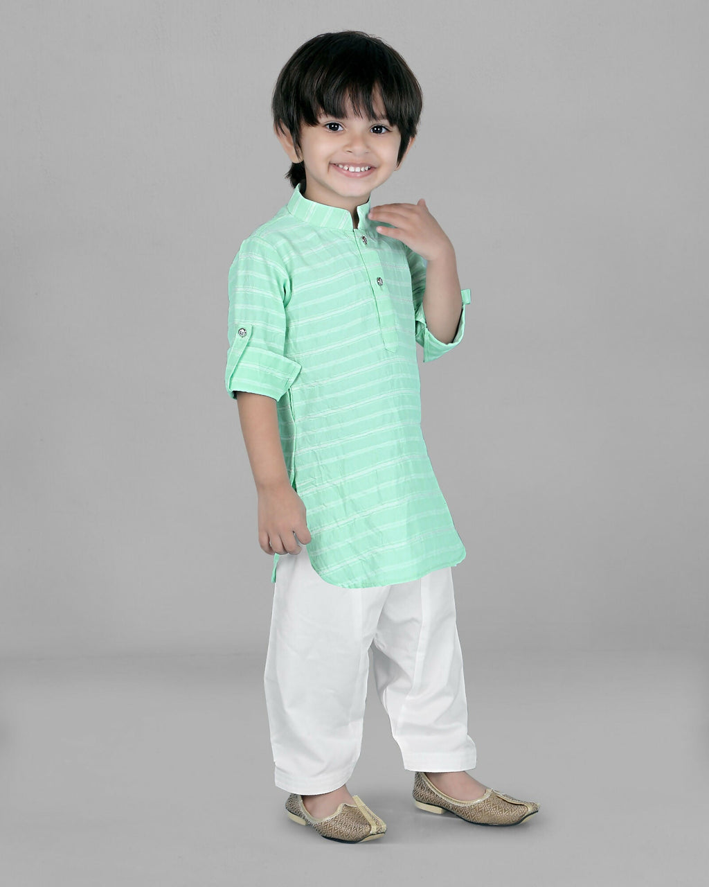 Joban Fashion Kids Island Cotton Full Sleeves Striped Kurta and Pyjama- Sea Green - Distacart