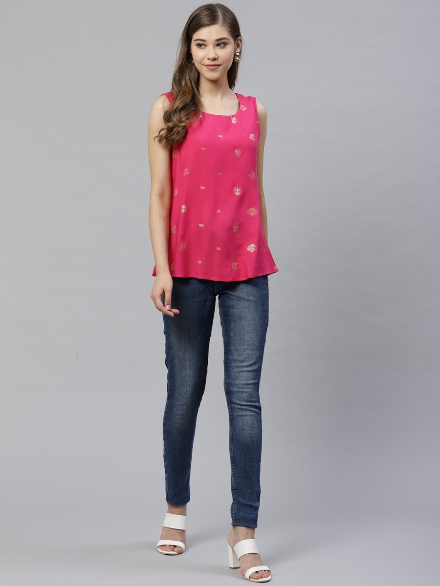 Ahalyaa Women Pink & Golden Printed Top