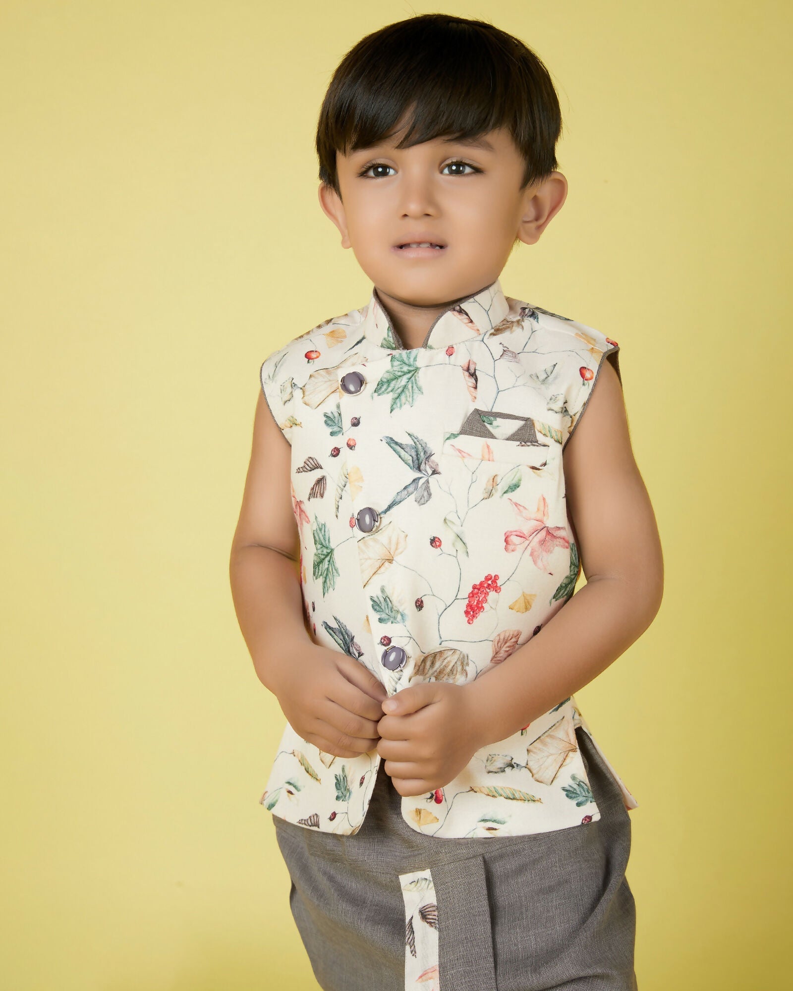 Joban Fashion Kids Island Cotton Sleeveless printed Kurta and Solid Dhoti - Cream - Distacart