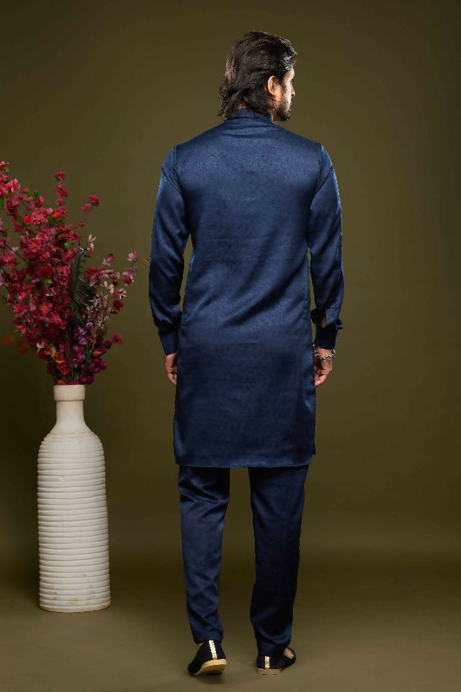 Raivat Ethnic Art Banarasi Silk Thread Work Kurta Pajama In Blue Colour