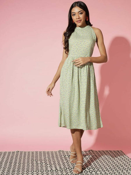 Myshka Women Green Ethnic Motifs Rayon A-Line Round Neck Dress