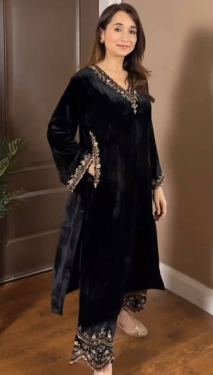 Prazu Fashion Black Viscose Velvet Thread Sequence Salwar Suit - Distacart
