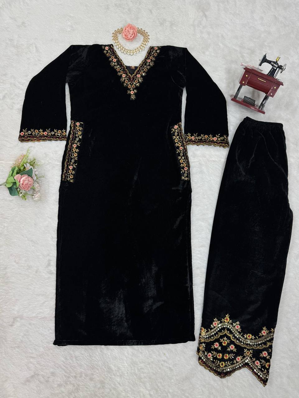 Prazu Fashion Black Viscose Velvet Thread Sequence Salwar Suit - Distacart