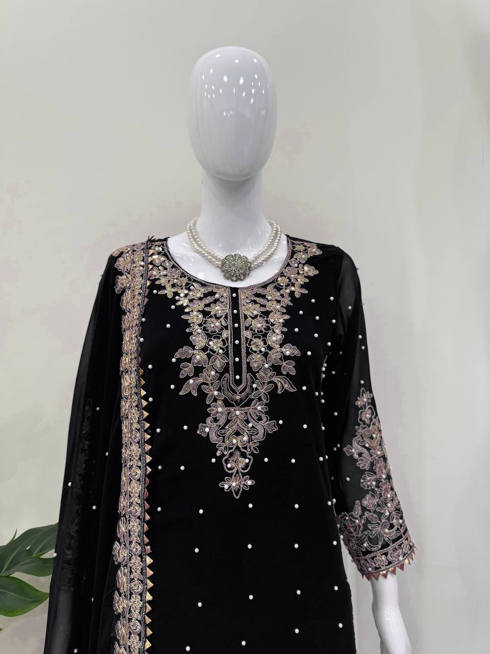 Prazu Fashion Black Georgette Sequin With Rivet Moti Palazzo Suit - Distacart