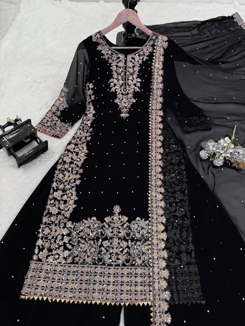 Prazu Fashion Black Georgette Sequin With Rivet Moti Palazzo Suit - Distacart