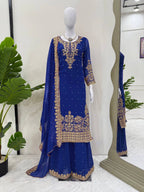 Prazu Fashion Blue Georgette Sequin With Rivet Moti Palazzo Suit - Distacart