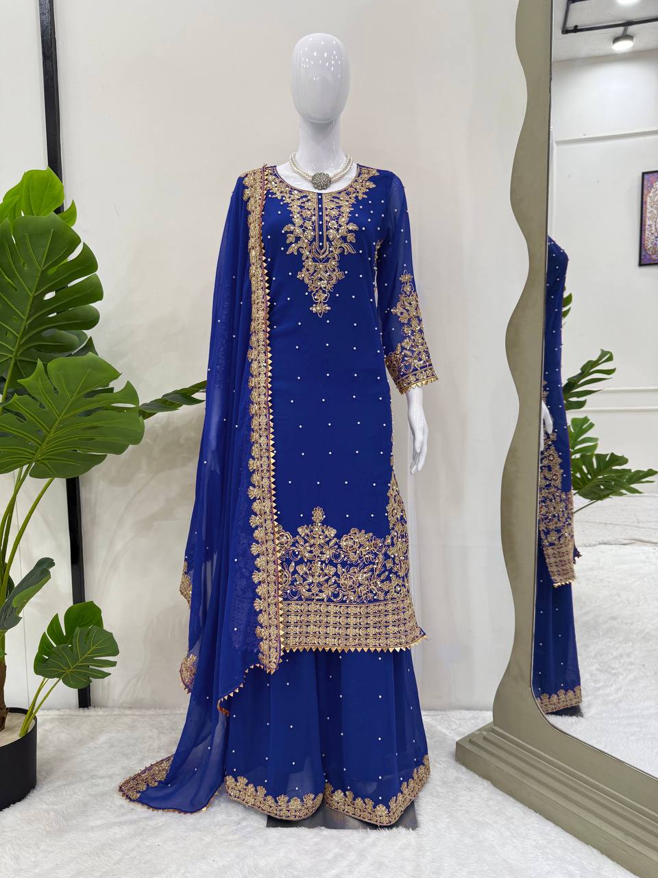 Prazu Fashion Blue Georgette Sequin With Rivet Moti Palazzo Suit - Distacart
