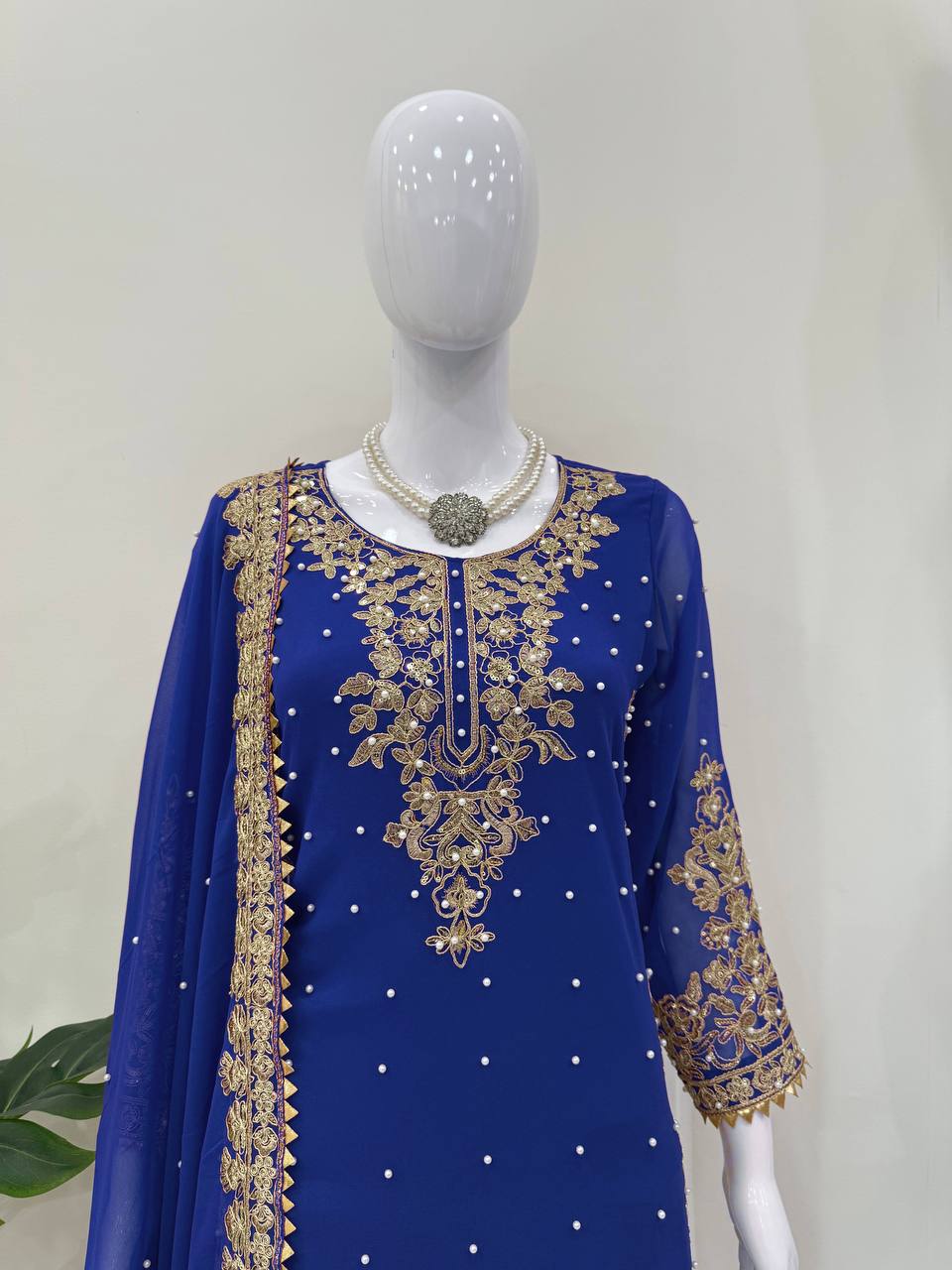 Prazu Fashion Blue Georgette Sequin With Rivet Moti Palazzo Suit - Distacart
