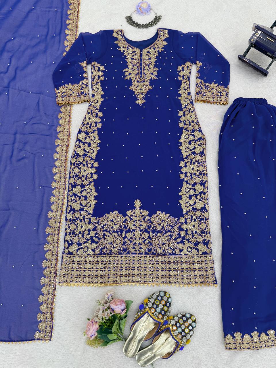 Prazu Fashion Blue Georgette Sequin With Rivet Moti Palazzo Suit - Distacart