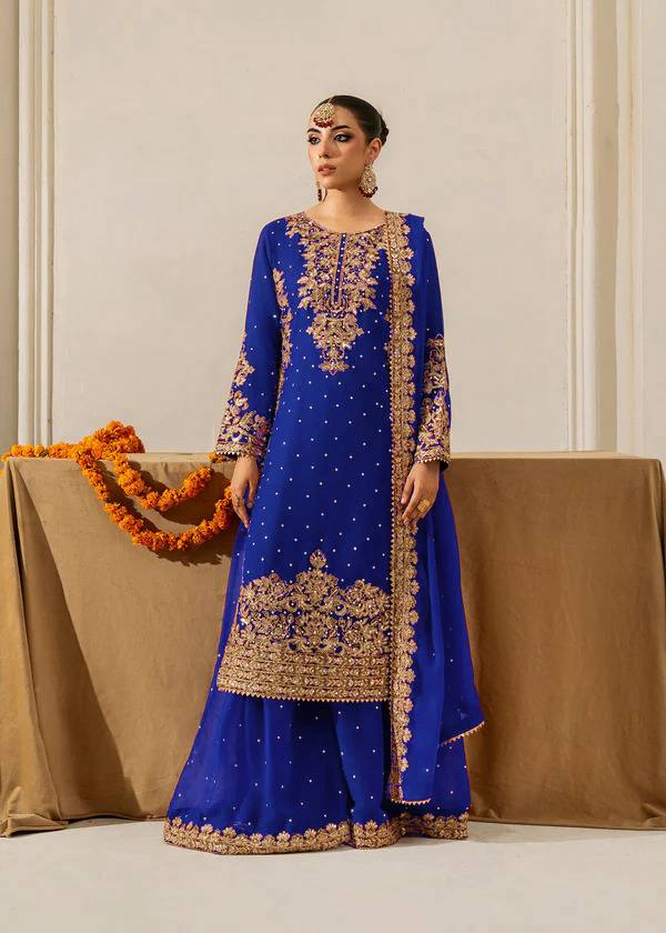 Prazu Fashion Blue Georgette Sequin With Rivet Moti Palazzo Suit - Distacart