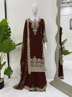 Prazu Fashion Coffee Georgette Sequin With Rivet Moti Palazzo Suit