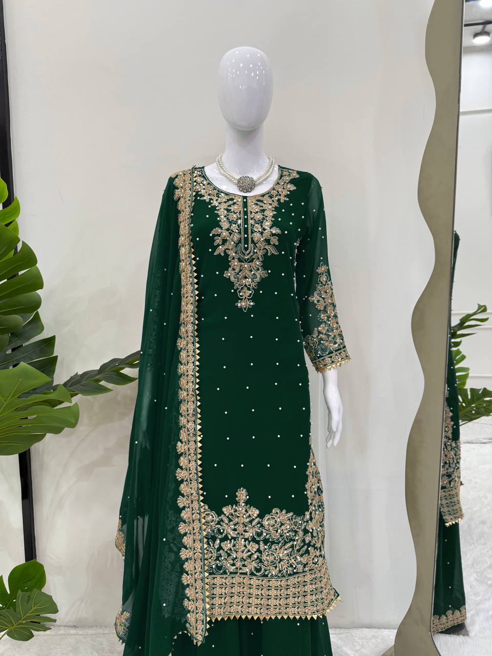 Prazu Fashion Green Georgette Sequin With Rivet Moti Palazzo Suit - Distacart