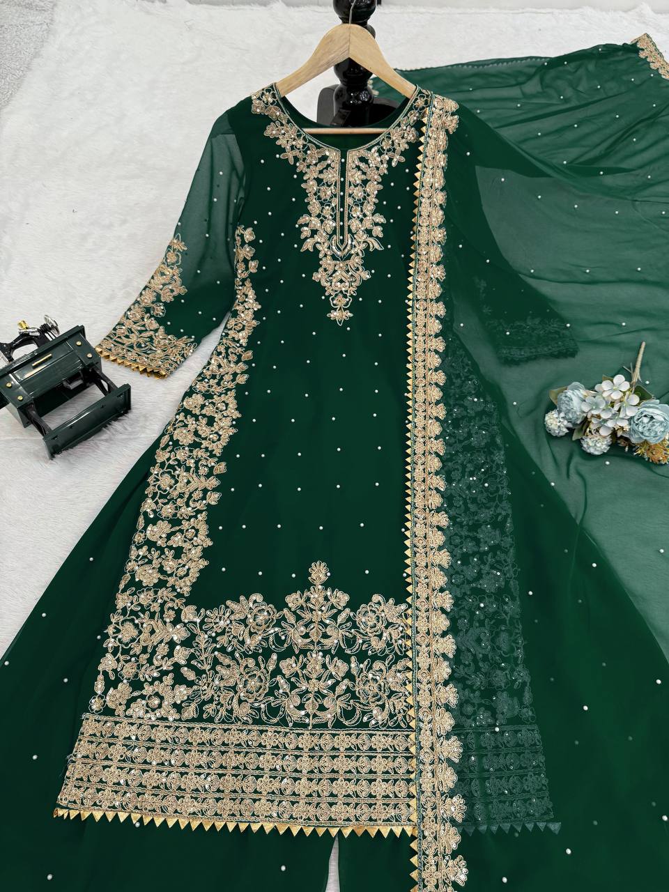 Prazu Fashion Green Georgette Sequin With Rivet Moti Palazzo Suit - Distacart