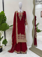 Prazu Fashion Maroon Georgette Sequin With Rivet Moti Palazzo Suit - Distacart