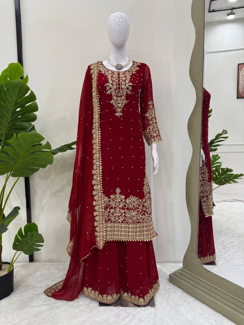 Prazu Fashion Maroon Georgette Sequin With Rivet Moti Palazzo Suit - Distacart