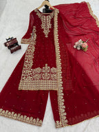 Prazu Fashion Maroon Georgette Sequin With Rivet Moti Palazzo Suit - Distacart