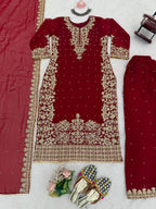 Prazu Fashion Maroon Georgette Sequin With Rivet Moti Palazzo Suit - Distacart