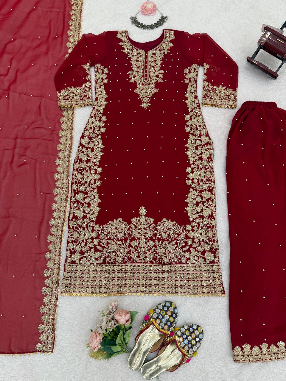 Prazu Fashion Maroon Georgette Sequin With Rivet Moti Palazzo Suit - Distacart