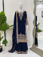 Prazu Fashion Navy Blue Georgette Sequin With Rivet Moti Palazzo Suit