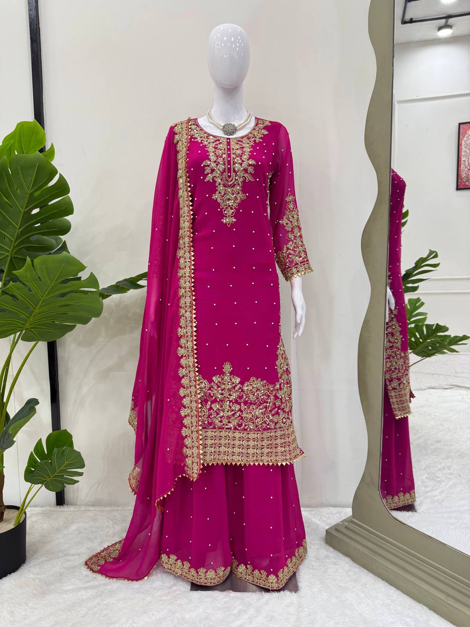 Prazu Fashion Pink Georgette Sequin With Rivet Moti Palazzo Suit - Distacart
