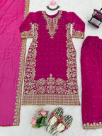 Prazu Fashion Pink Georgette Sequin With Rivet Moti Palazzo Suit - Distacart