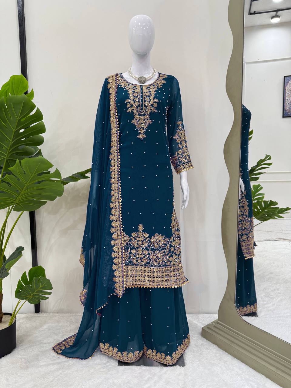Prazu Fashion Royal Blue Georgette Sequence With Rivet Moti Palazzo Suit - Distacart
