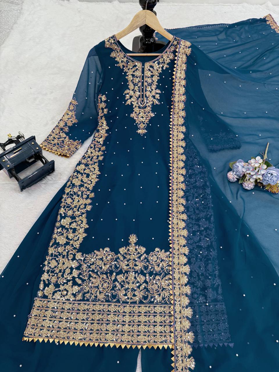 Prazu Fashion Royal Blue Georgette Sequence With Rivet Moti Palazzo Suit - Distacart