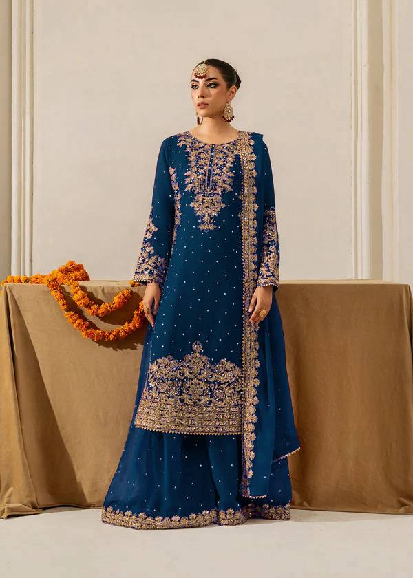 Prazu Fashion Royal Blue Georgette Sequence With Rivet Moti Palazzo Suit - Distacart