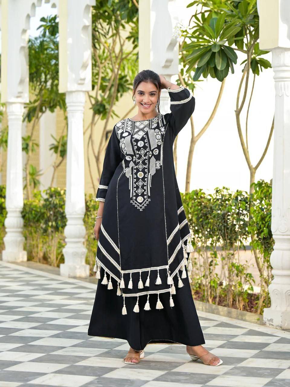 Prazu Fashion Black Rayon Cotton Thread Real Mirror Palazzo Suit - Distacart