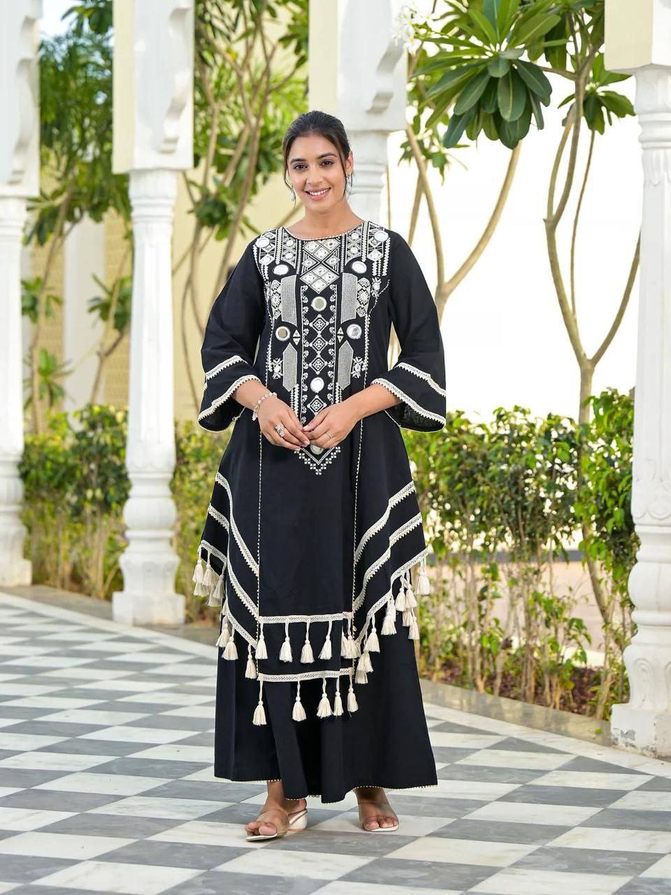 Prazu Fashion Black Rayon Cotton Thread Real Mirror Palazzo Suit - Distacart