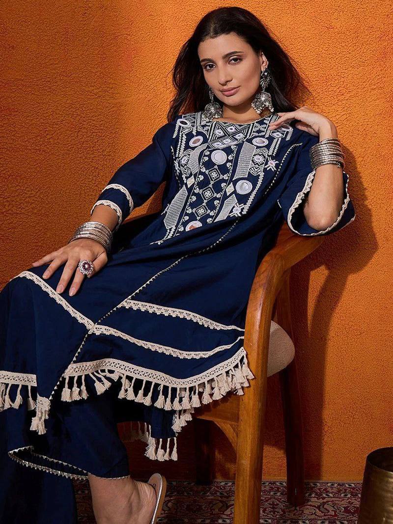 Prazu Fashion Blue Rayon Cotton Thread Real Mirror Palazzo Suit - Distacart