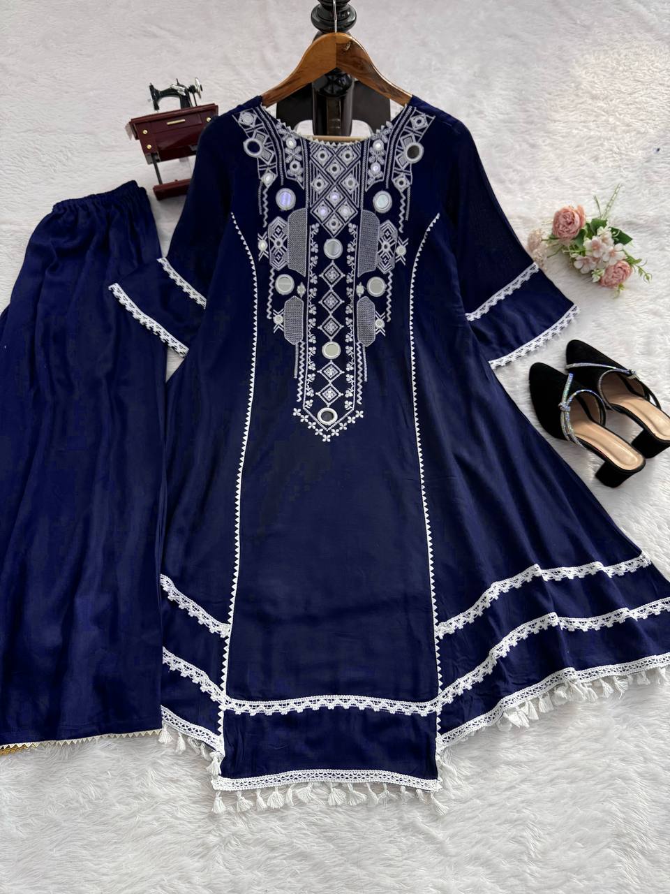 Prazu Fashion Blue Rayon Cotton Thread Real Mirror Palazzo Suit - Distacart