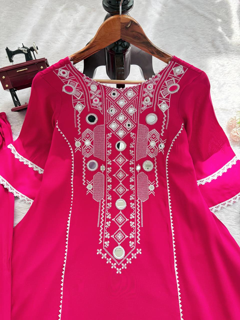 Prazu Fashion Pink Rayon Cotton Thread Real Mirror Palazzo Suit - Distacart