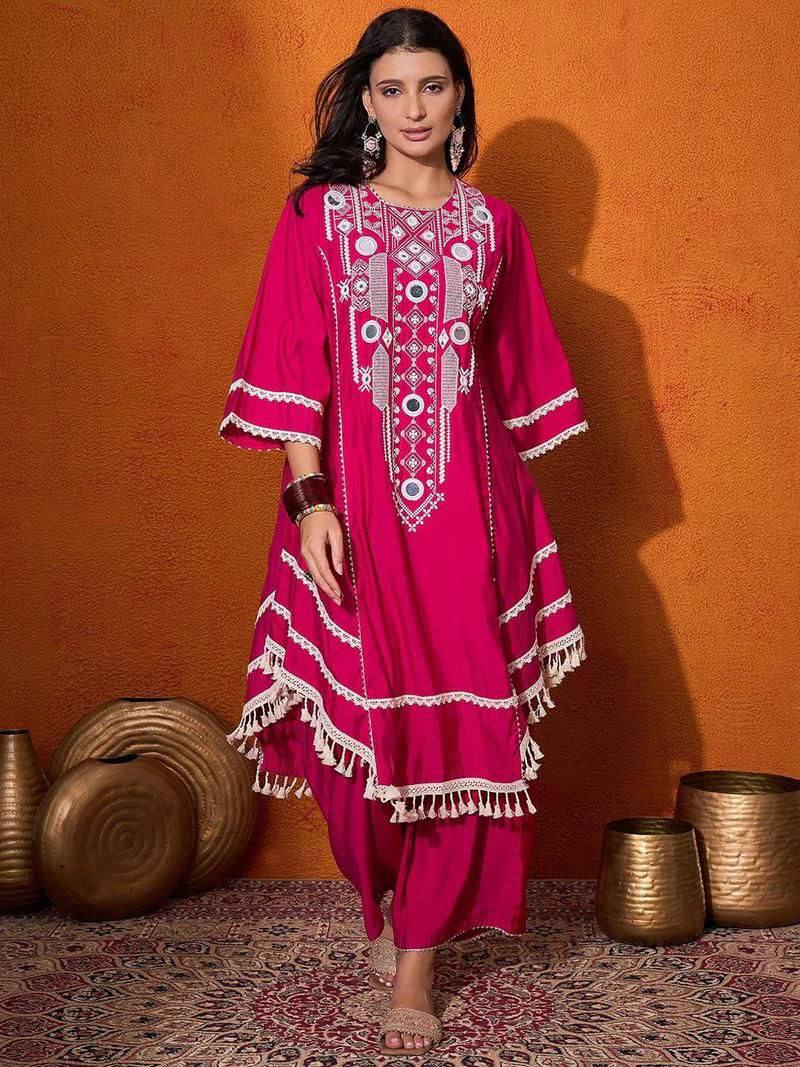 Prazu Fashion Pink Rayon Cotton Thread Real Mirror Palazzo Suit - Distacart