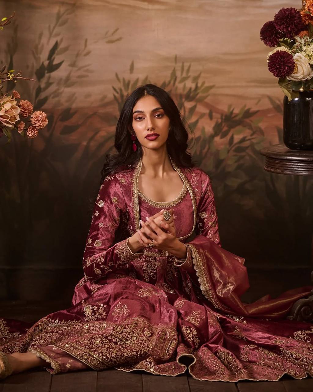 Prazu Fashion Wine Japan Satin Thread Sequin Anarkali Suit - Distacart