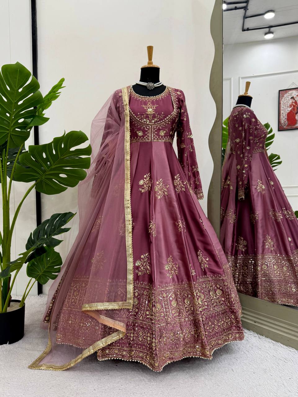 Prazu Fashion Wine Japan Satin Thread Sequin Anarkali Suit - Distacart