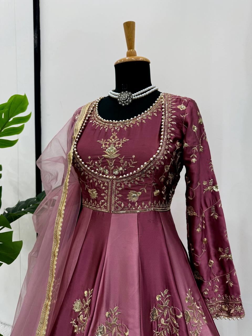Prazu Fashion Wine Japan Satin Thread Sequin Anarkali Suit - Distacart