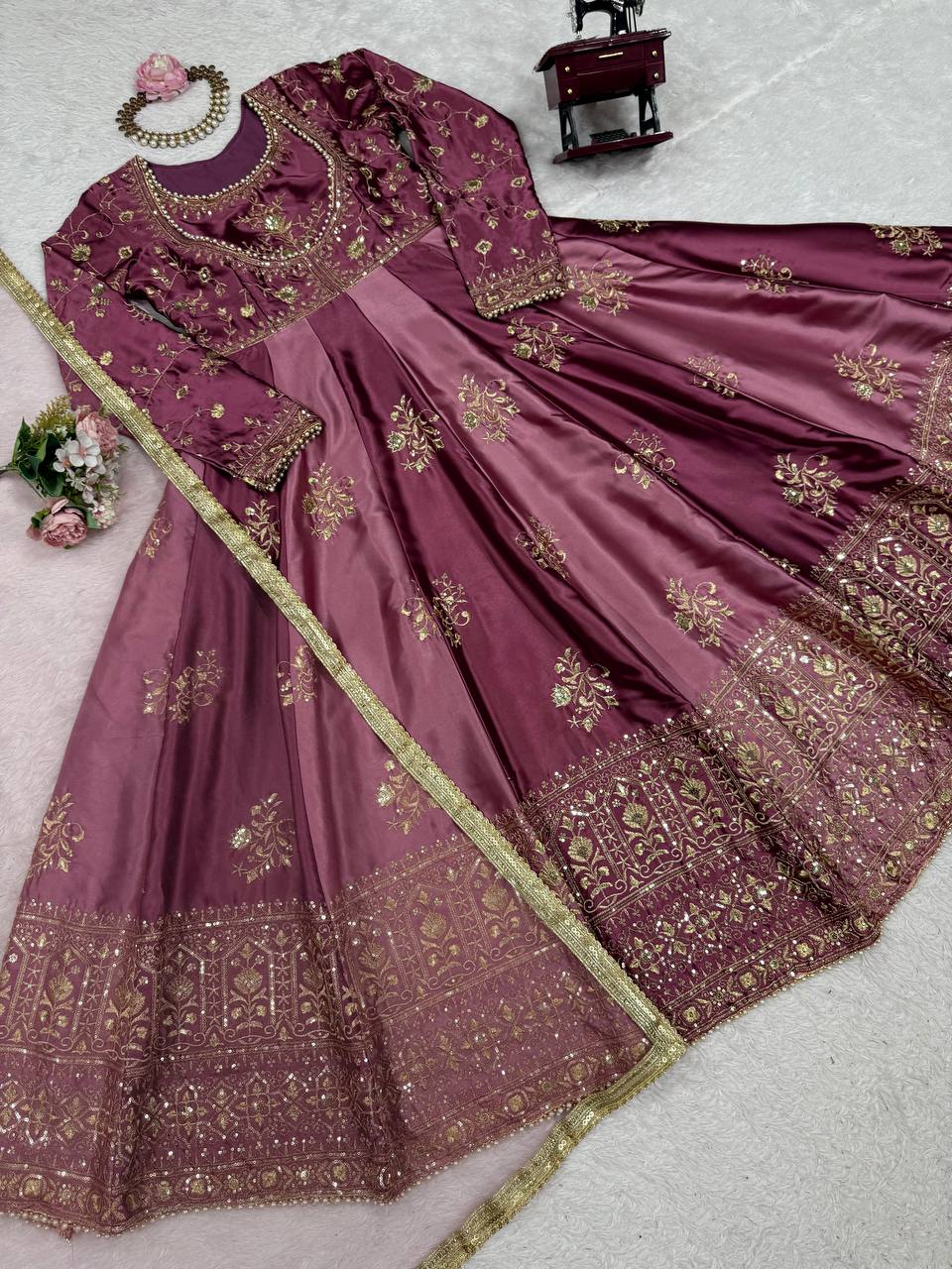 Prazu Fashion Wine Japan Satin Thread Sequin Anarkali Suit - Distacart