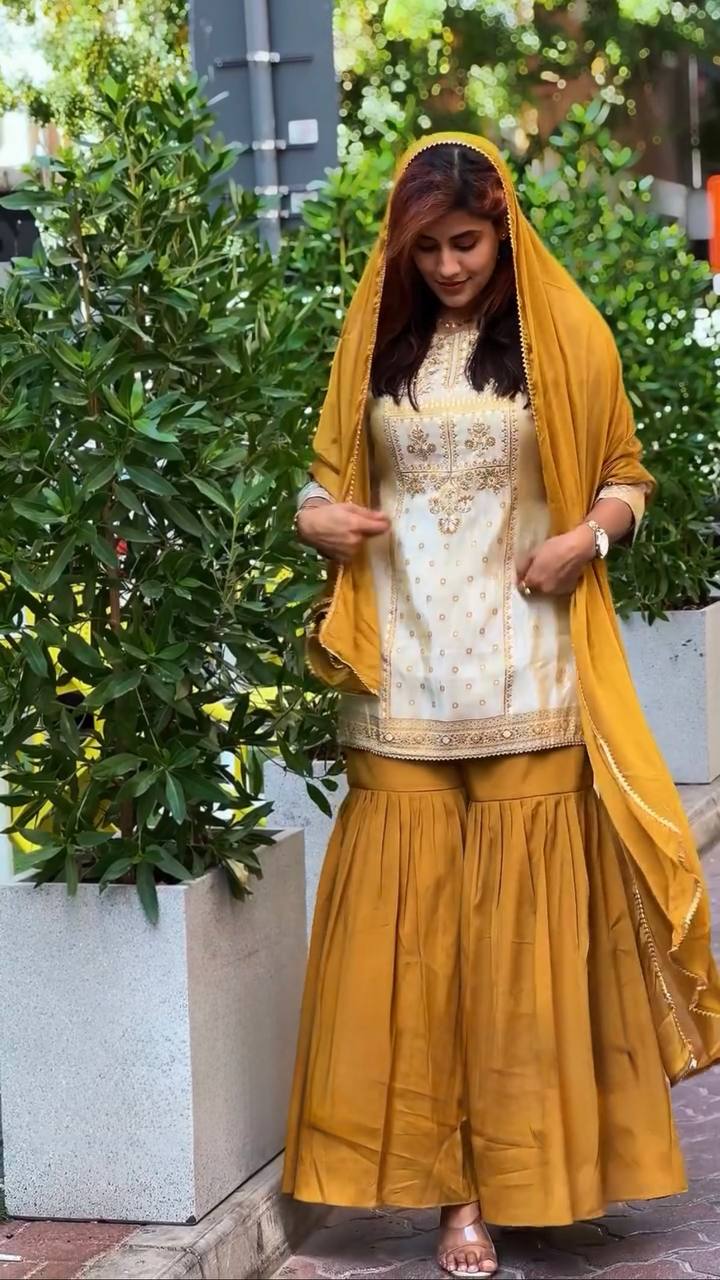 Prazu Fashion Off White Crepe Thread Sequin Sharara Suit - Distacart