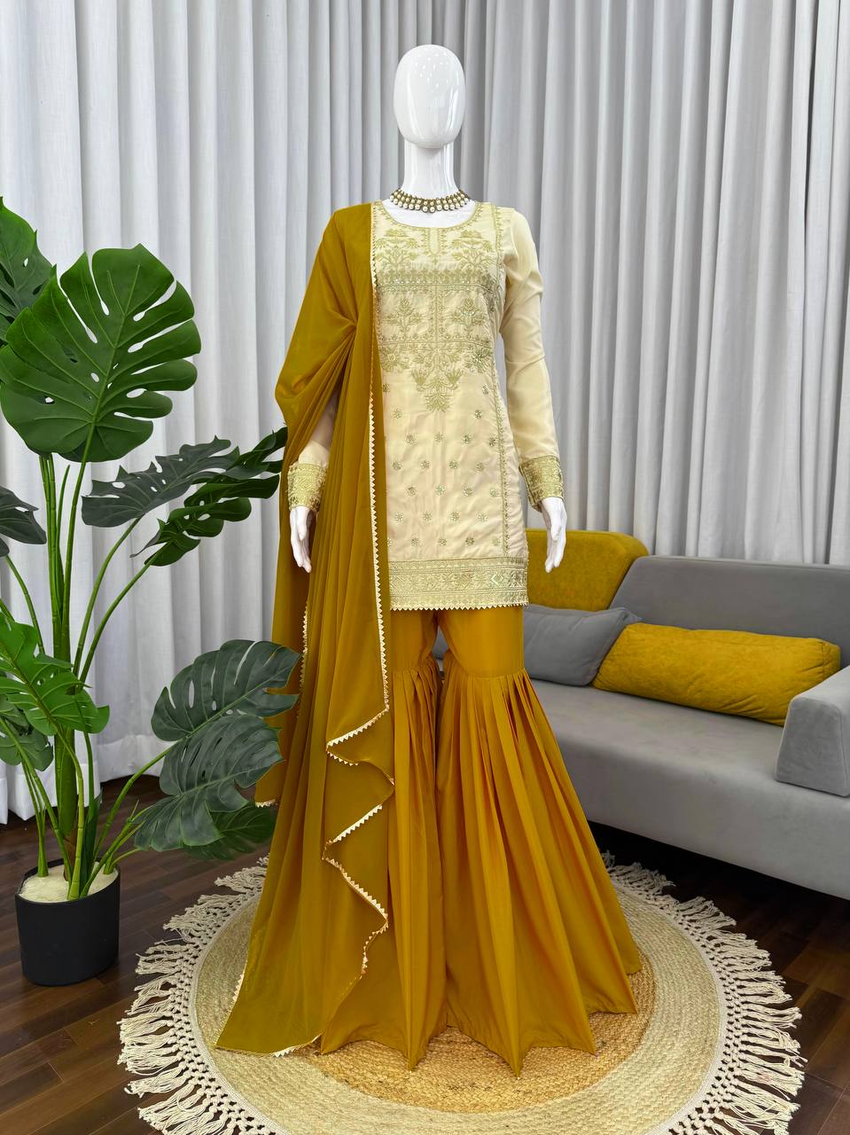 Prazu Fashion Off White Crepe Thread Sequin Sharara Suit - Distacart